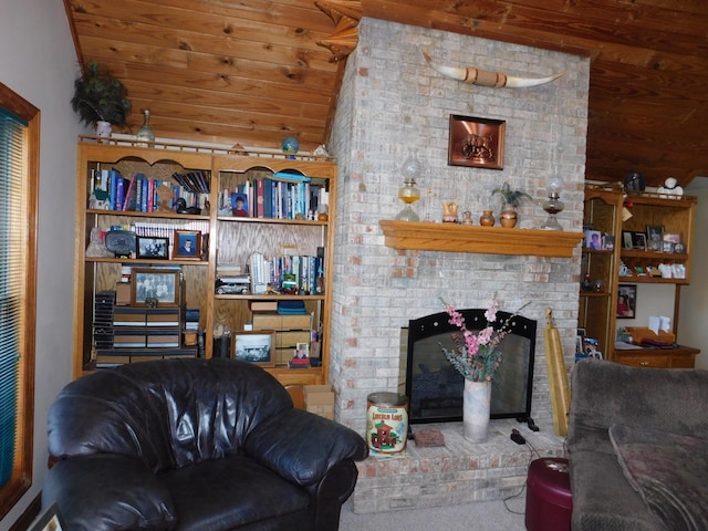 carpeted living room featuring a brick fireplace, wooden ceiling, and lofted ceiling