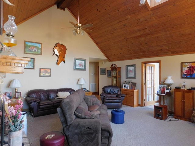 carpeted living room featuring wood ceiling, ceiling fan, high vaulted ceiling, and beam ceiling