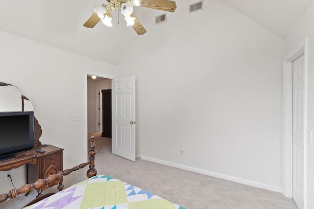 bedroom featuring ceiling fan, light colored carpet, and high vaulted ceiling