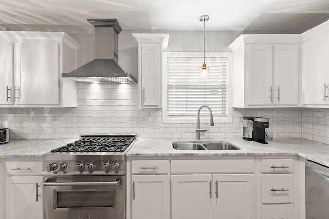 kitchen featuring tasteful backsplash, sink, white cabinetry, stainless steel appliances, and wall chimney exhaust hood