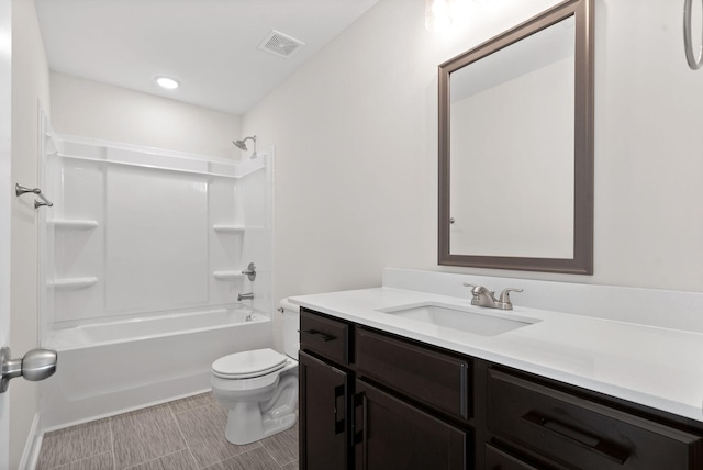 full bathroom with toilet, vanity, and shower / bathing tub combination