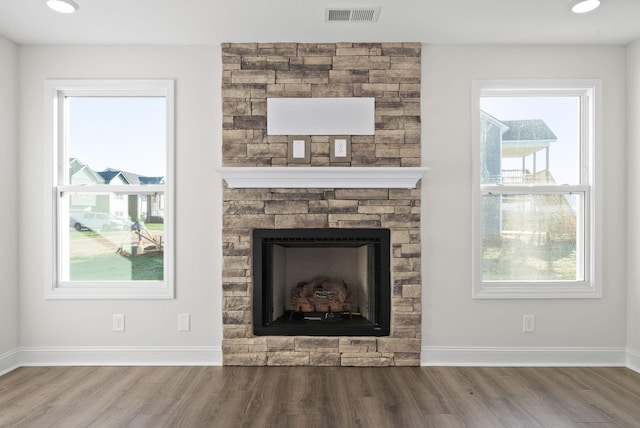 room details with a fireplace and hardwood / wood-style floors