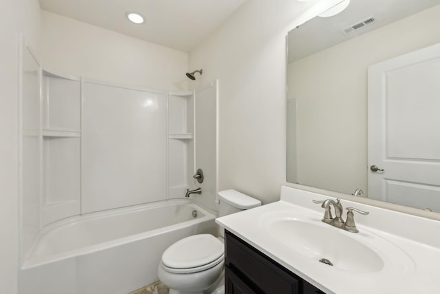 full bathroom with toilet, vanity, and bathtub / shower combination