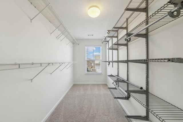 walk in closet featuring light colored carpet