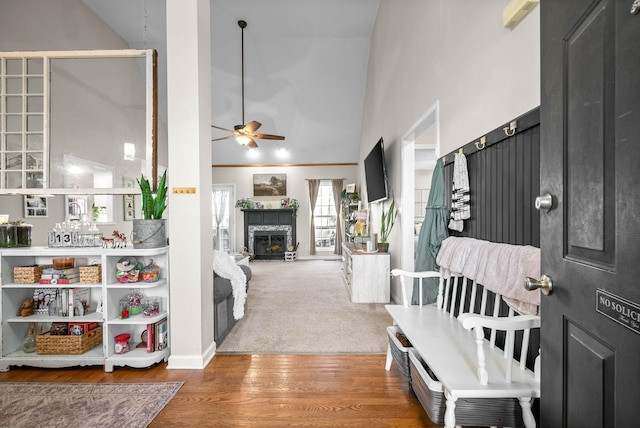 foyer with ceiling fan, a high ceiling, and carpet