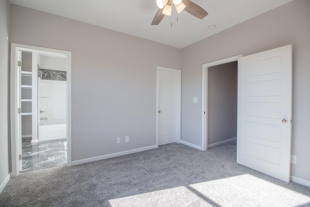 unfurnished bedroom with light carpet, ceiling fan, and a closet