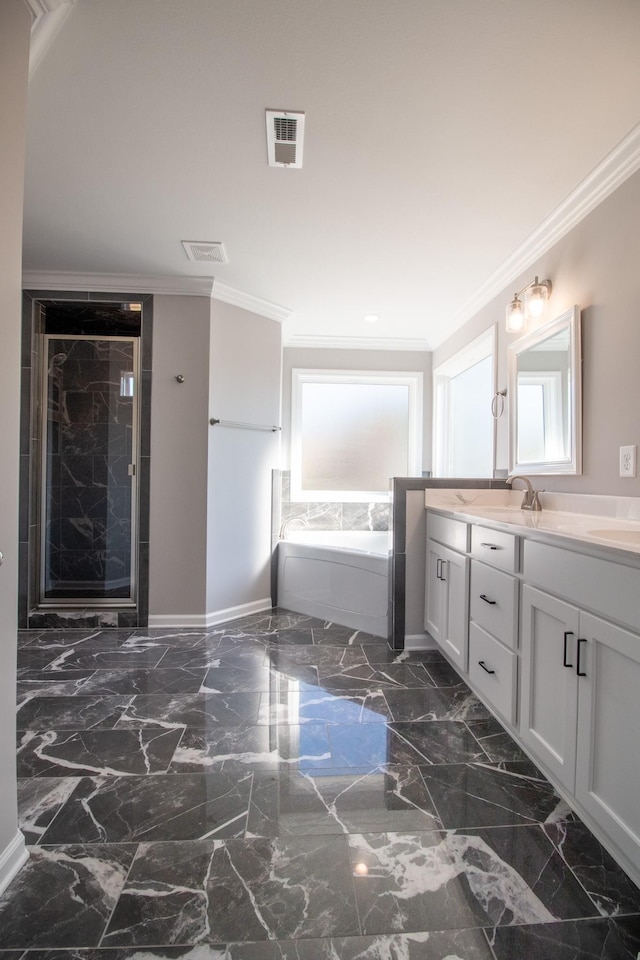 bathroom featuring vanity, crown molding, and shower with separate bathtub