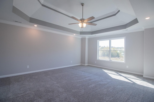 spare room featuring a raised ceiling, ceiling fan, carpet, and ornamental molding