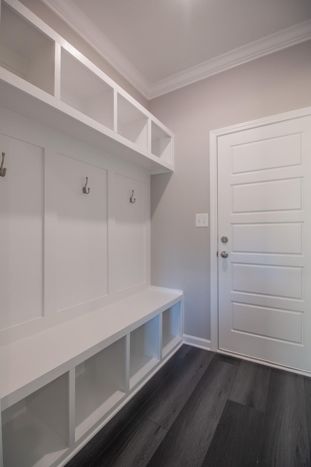 mudroom featuring ornamental molding and dark hardwood / wood-style floors