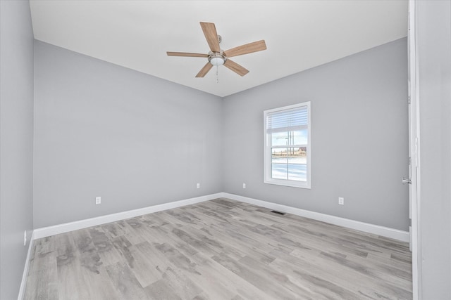 spare room featuring ceiling fan and light hardwood / wood-style flooring