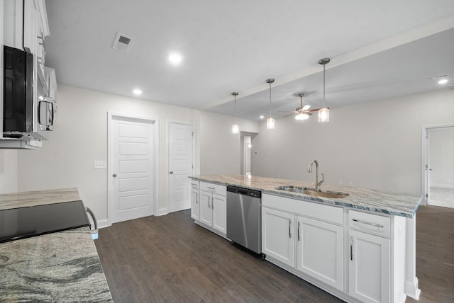 kitchen with decorative light fixtures, white cabinetry, stainless steel appliances, sink, and ceiling fan