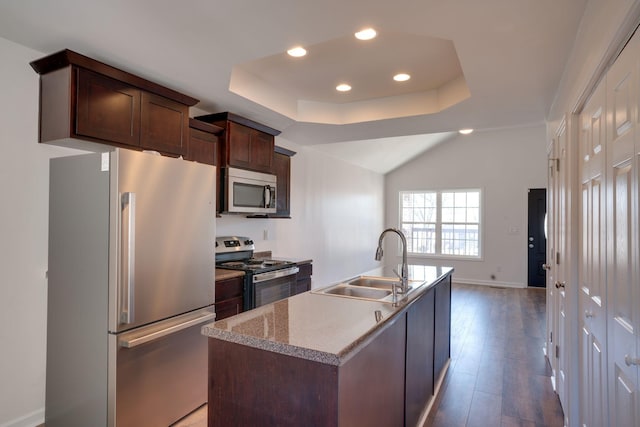 kitchen with sink, dark brown cabinets, appliances with stainless steel finishes, a raised ceiling, and a kitchen island with sink