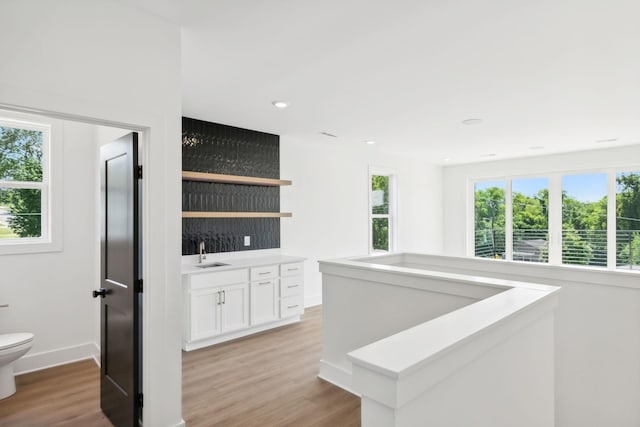 interior space featuring light hardwood / wood-style floors, white cabinets, and sink