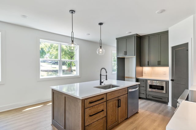 kitchen featuring an island with sink, tasteful backsplash, dishwasher, hanging light fixtures, and sink