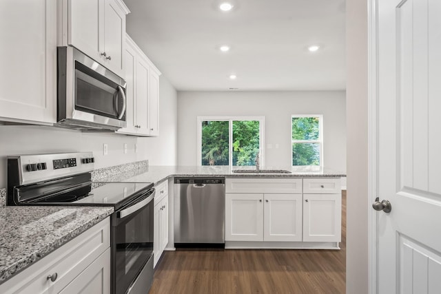 kitchen featuring white cabinetry, stainless steel appliances, dark hardwood / wood-style flooring, light stone counters, and sink