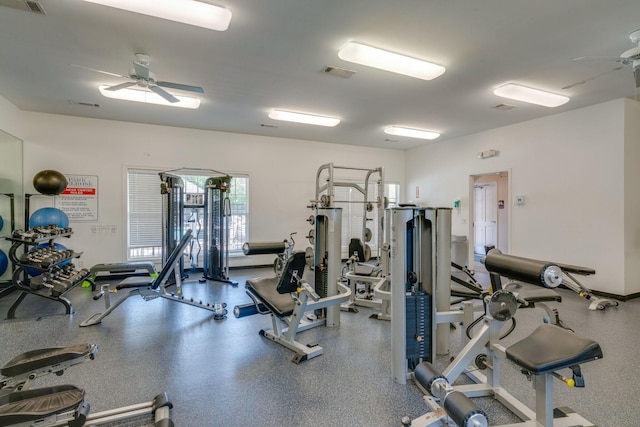 workout area with ceiling fan