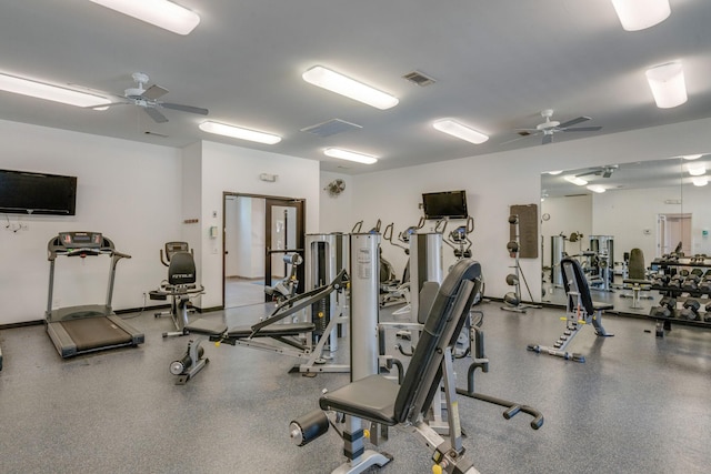 exercise room with ceiling fan