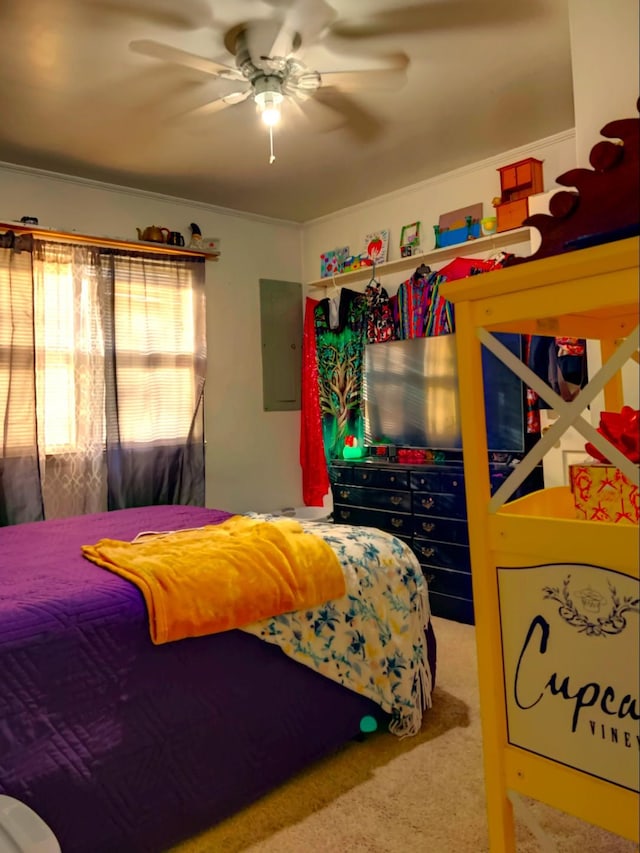 carpeted bedroom featuring ceiling fan and electric panel