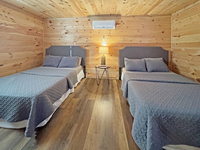 bedroom with wooden ceiling, wood walls, and a wall mounted air conditioner