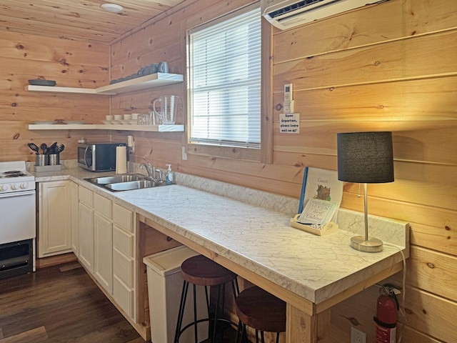 kitchen with white stove, plenty of natural light, sink, and wood walls