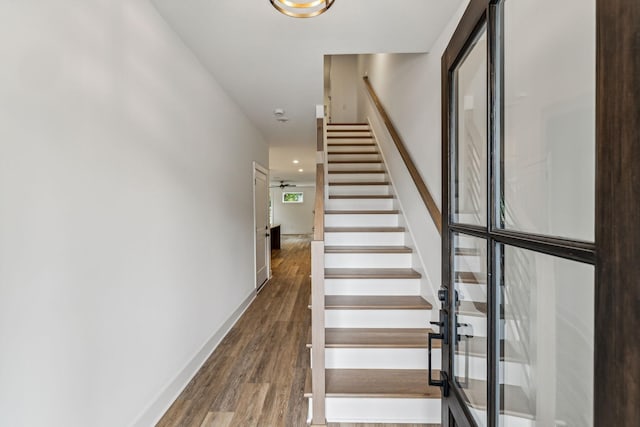 staircase featuring ceiling fan and wood-type flooring