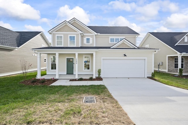 craftsman inspired home with a front yard, a porch, and a garage