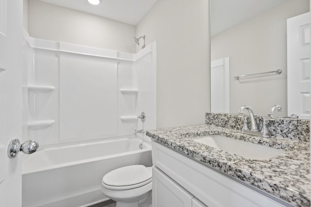 full bathroom with toilet, vanity, and bathing tub / shower combination