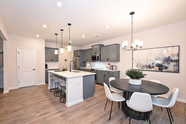 kitchen with hanging light fixtures, gray cabinets, stainless steel appliances, and a center island with sink