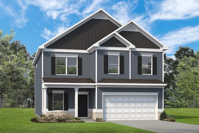 craftsman house featuring a front lawn and a garage