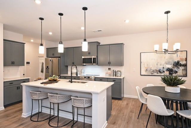 kitchen with pendant lighting, gray cabinetry, stainless steel appliances, and tasteful backsplash