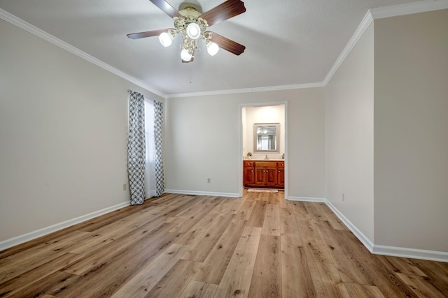 unfurnished bedroom featuring ceiling fan, light hardwood / wood-style floors, ornamental molding, and ensuite bath