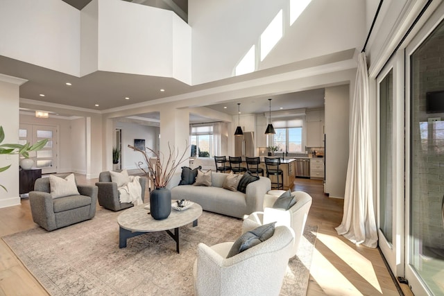 living room featuring ornamental molding, a towering ceiling, and light hardwood / wood-style flooring