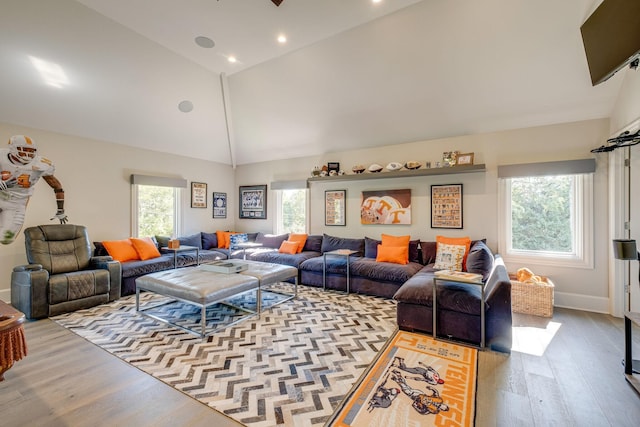 living room with high vaulted ceiling, a healthy amount of sunlight, and light hardwood / wood-style flooring