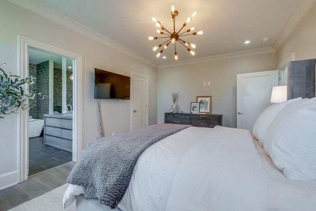 bedroom with crown molding and a notable chandelier