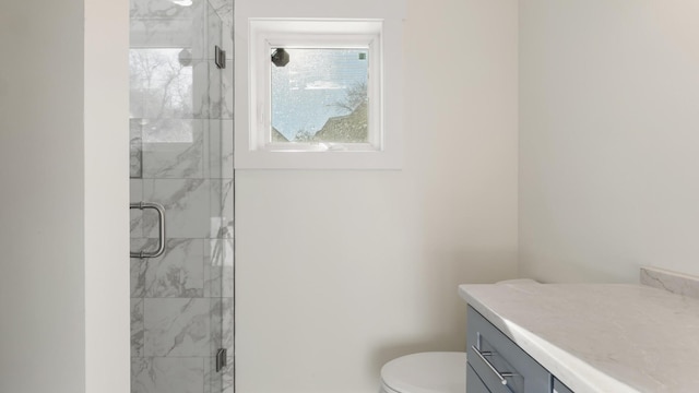 bathroom featuring toilet, an enclosed shower, and vanity