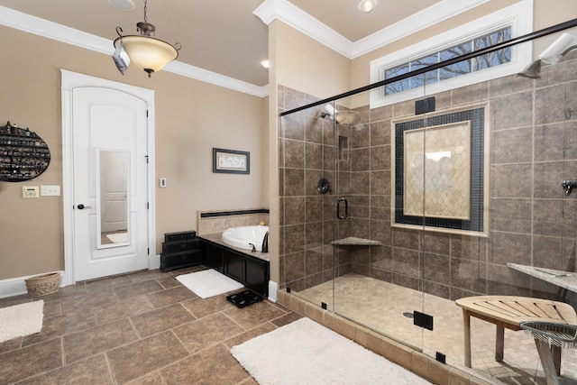 bathroom with crown molding and shower with separate bathtub