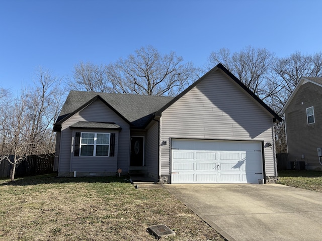 ranch-style home with a garage, a front yard, and central AC unit