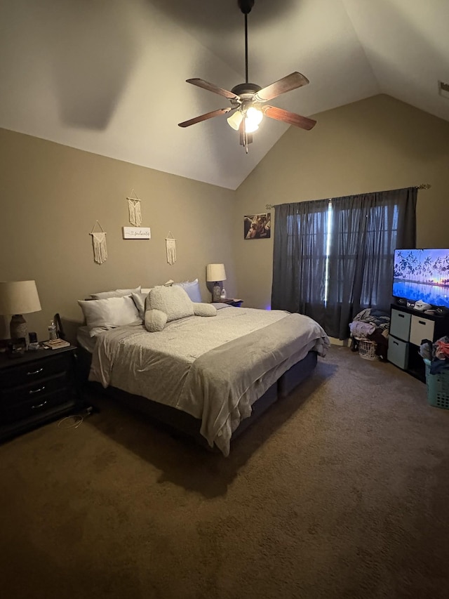 bedroom featuring ceiling fan, carpet flooring, and vaulted ceiling