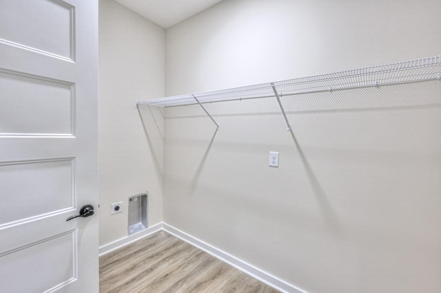 laundry area featuring hookup for an electric dryer and light hardwood / wood-style flooring