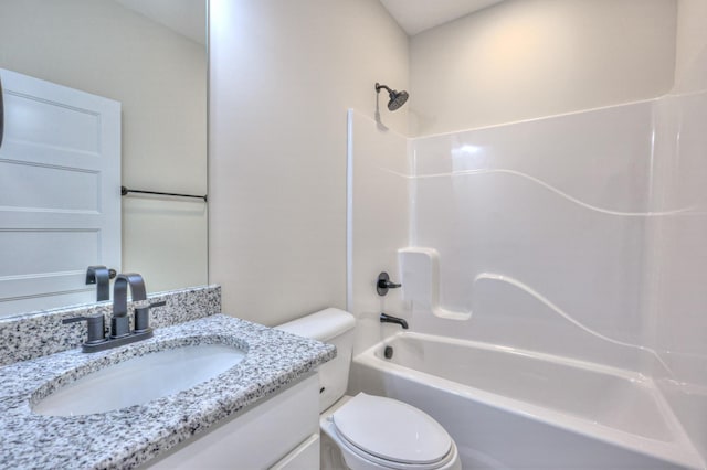 full bathroom with toilet, tub / shower combination, and vanity