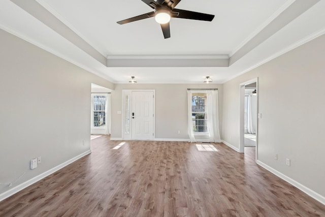 spare room with a raised ceiling, ornamental molding, and hardwood / wood-style flooring