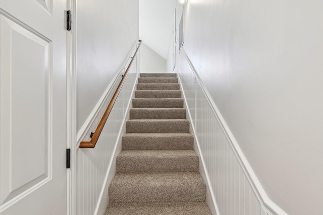 staircase featuring carpet floors