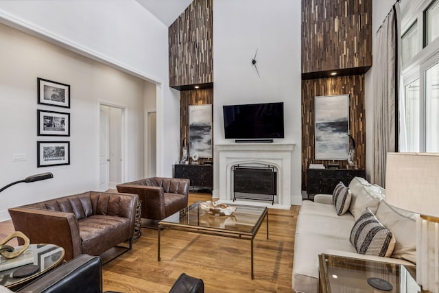 living room featuring light hardwood / wood-style floors and vaulted ceiling