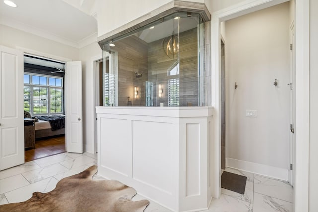 hallway featuring ornamental molding