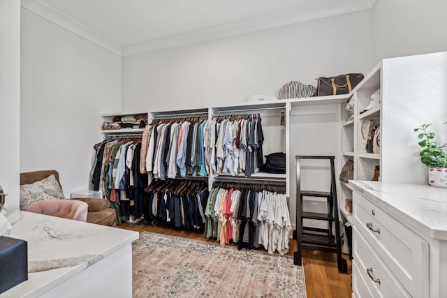 walk in closet with light hardwood / wood-style flooring