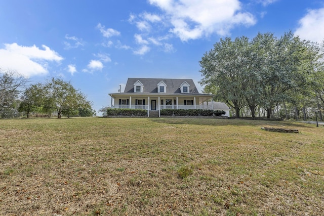 cape cod house featuring a front yard and a porch