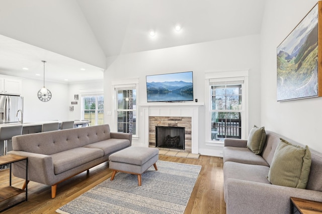 living room with high vaulted ceiling, light wood-type flooring, and a fireplace