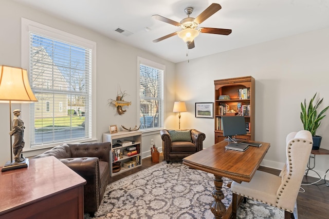 office area with ceiling fan and wood-type flooring