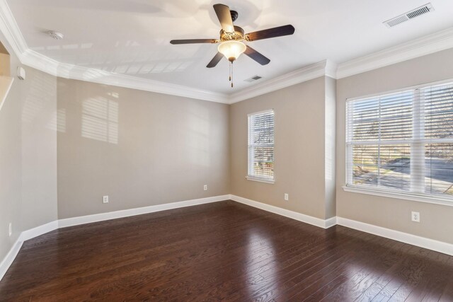 unfurnished room featuring ceiling fan, crown molding, and dark hardwood / wood-style floors