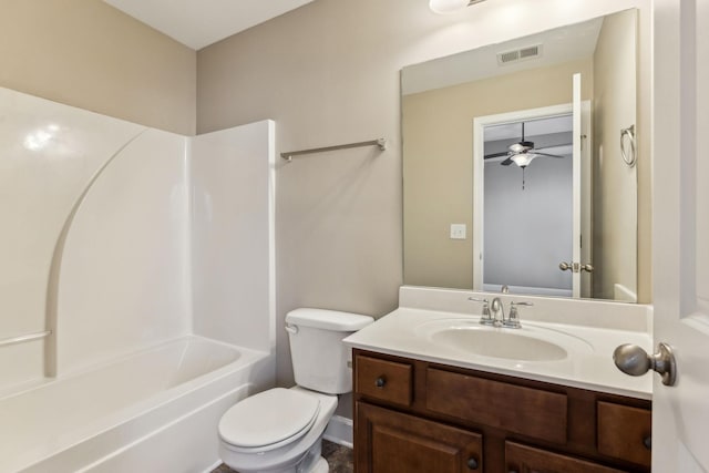 full bathroom featuring ceiling fan, shower / bath combination, toilet, and vanity